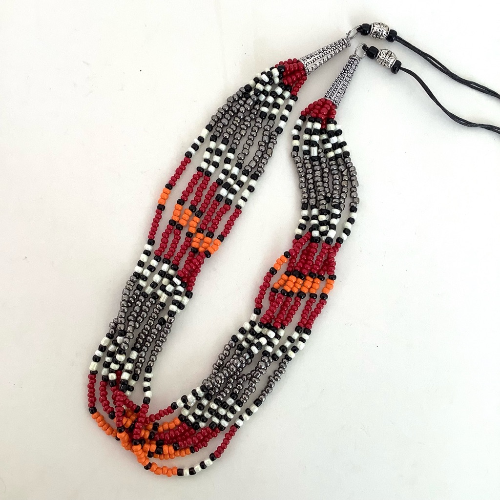 Handmade Multistrand Boho Tribal Necklace 28” Long, Red And Black